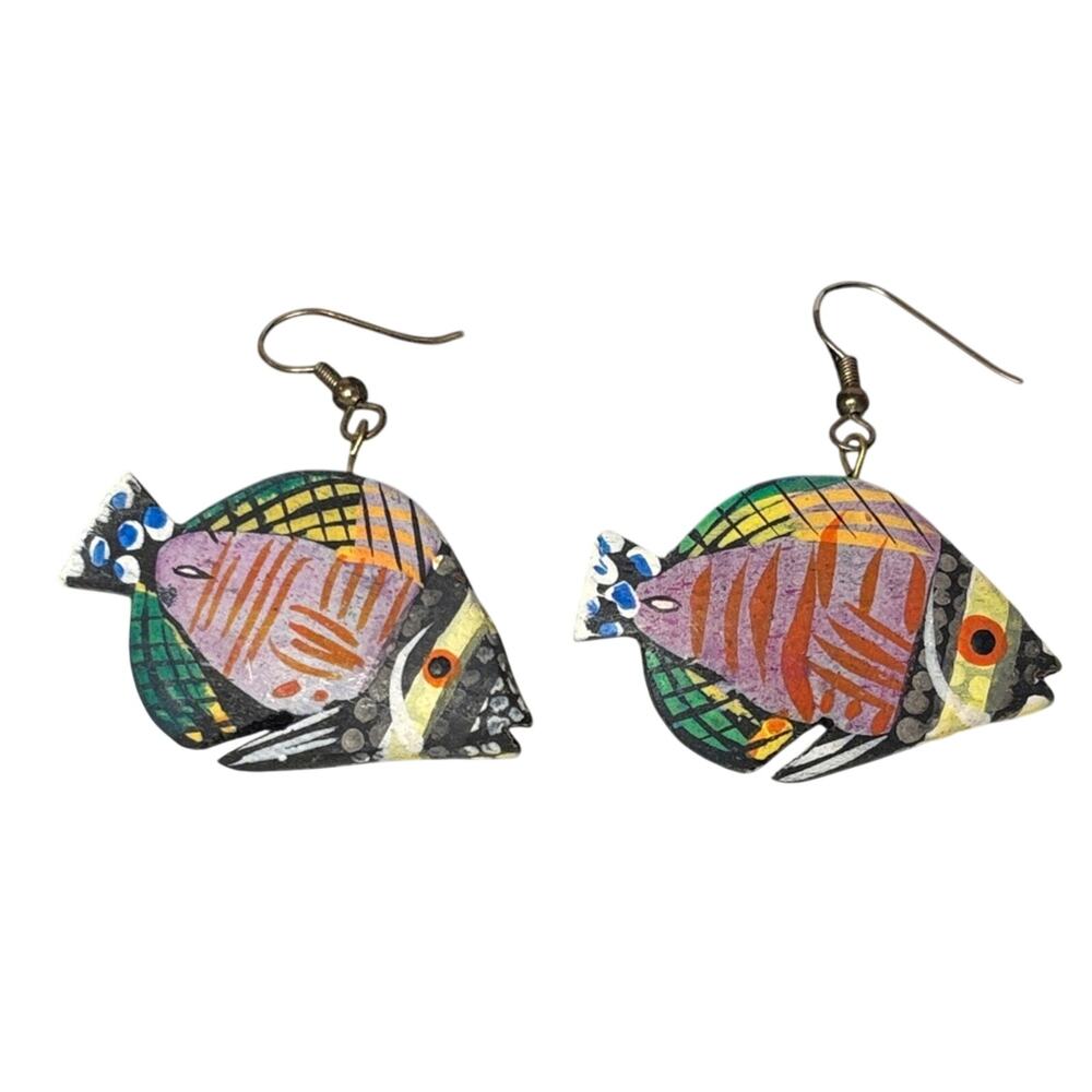 Hand Painted Wooden Fish Earrings Multicolor Tropical Folk Art Dangle Earrings